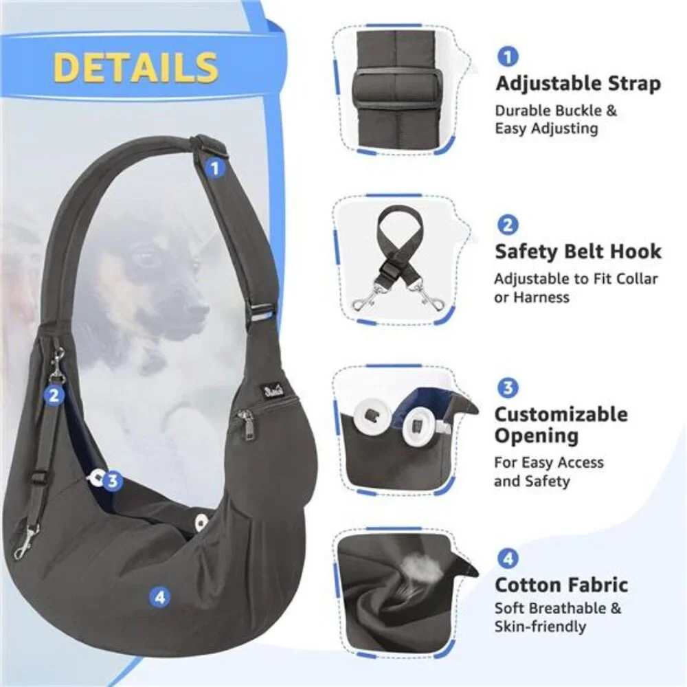 Dog Carrier Sling - Thick Padded Shoulder Strap Adjustable Dog Carrier, Gray